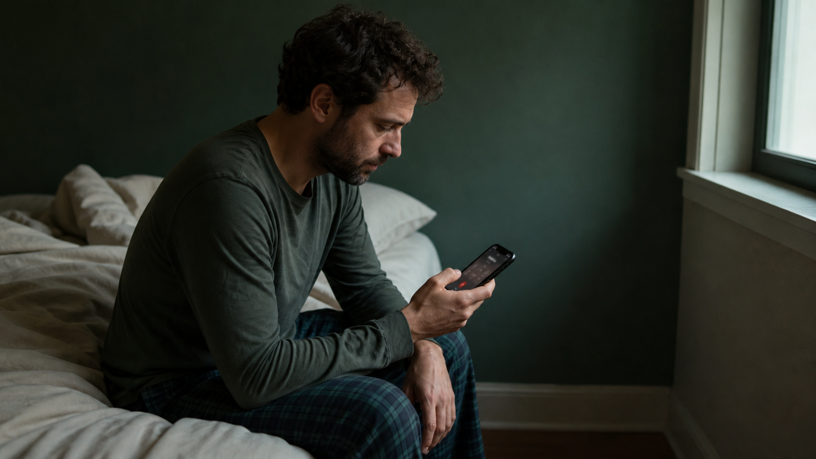 A person sits on the edge of a bed at dawn, looking at a phone as a familiar call task feels out of reach