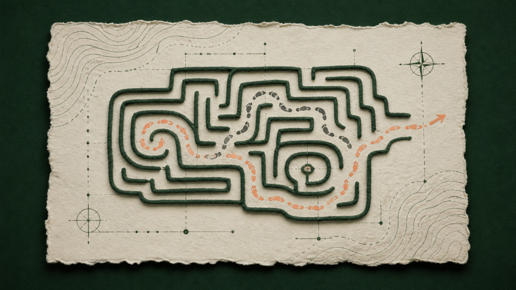 An archival maze specimen with two trails of footprints moving through looping and open routes