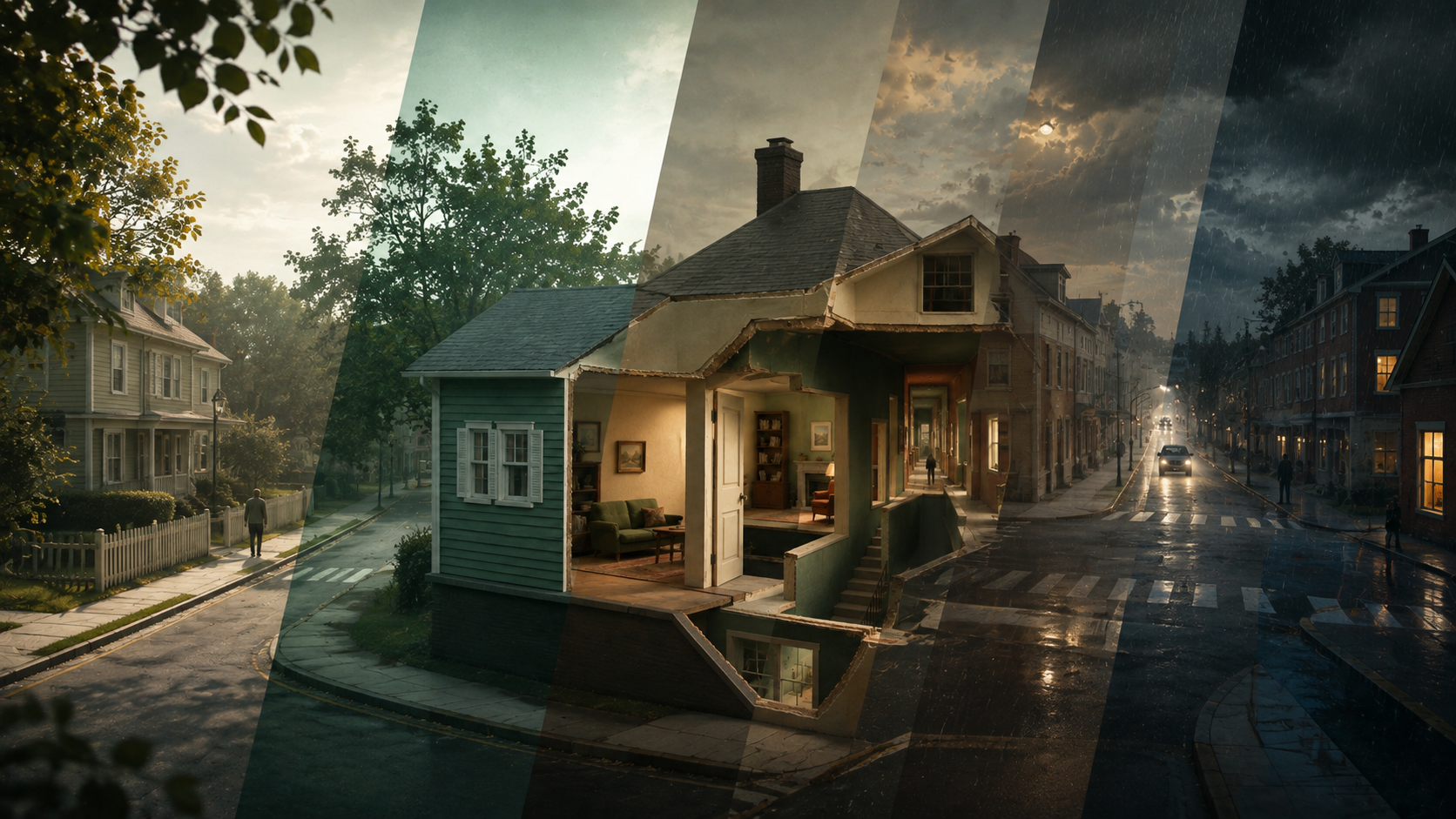 One recurring dream neighborhood shown across aligned daylight, interior, dusk, and rain variations