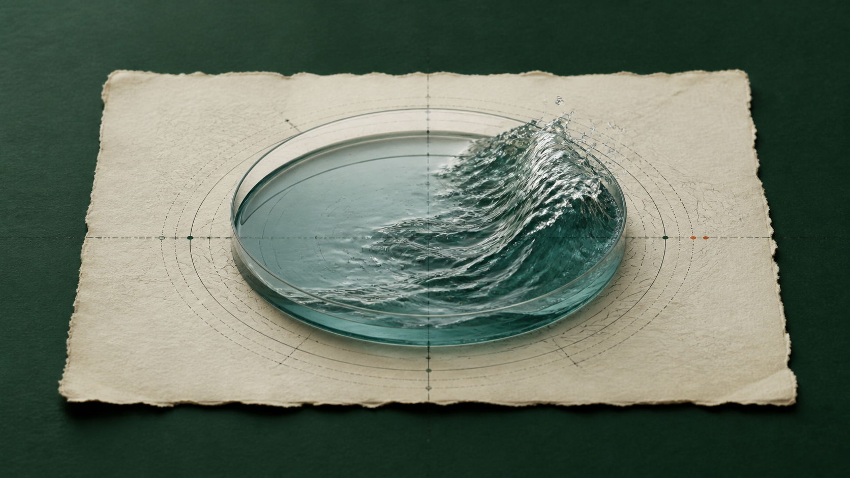 An archival specimen card holding a circular basin where still water rises into a wave