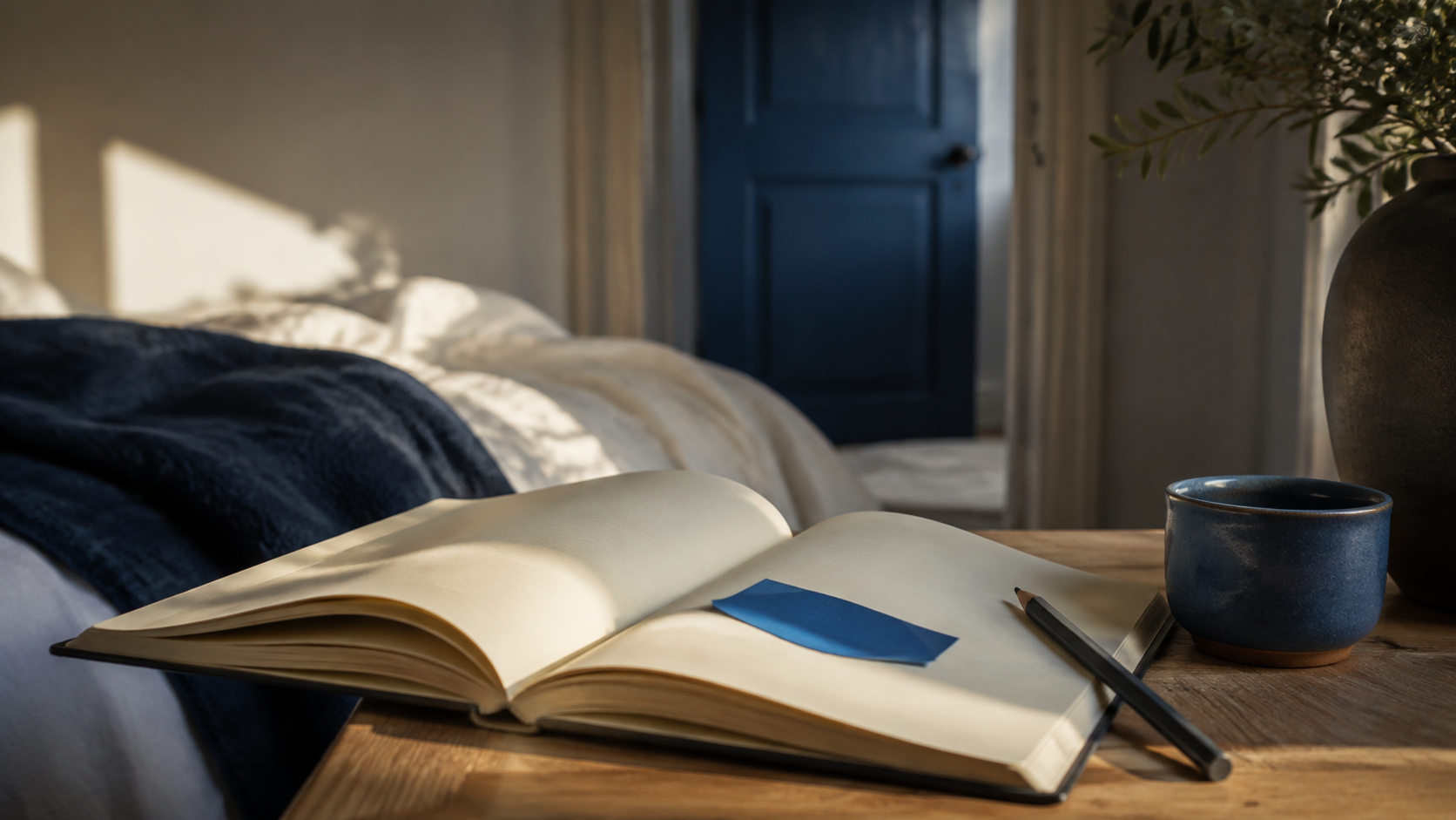 An open notebook and a blue paper fragment beside a softly blurred blue doorway