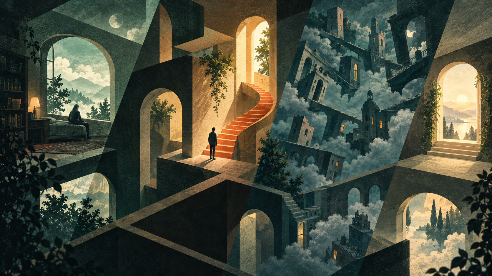A dreamer moving through one part of an impossible interior while the larger dream scene continues beyond their control