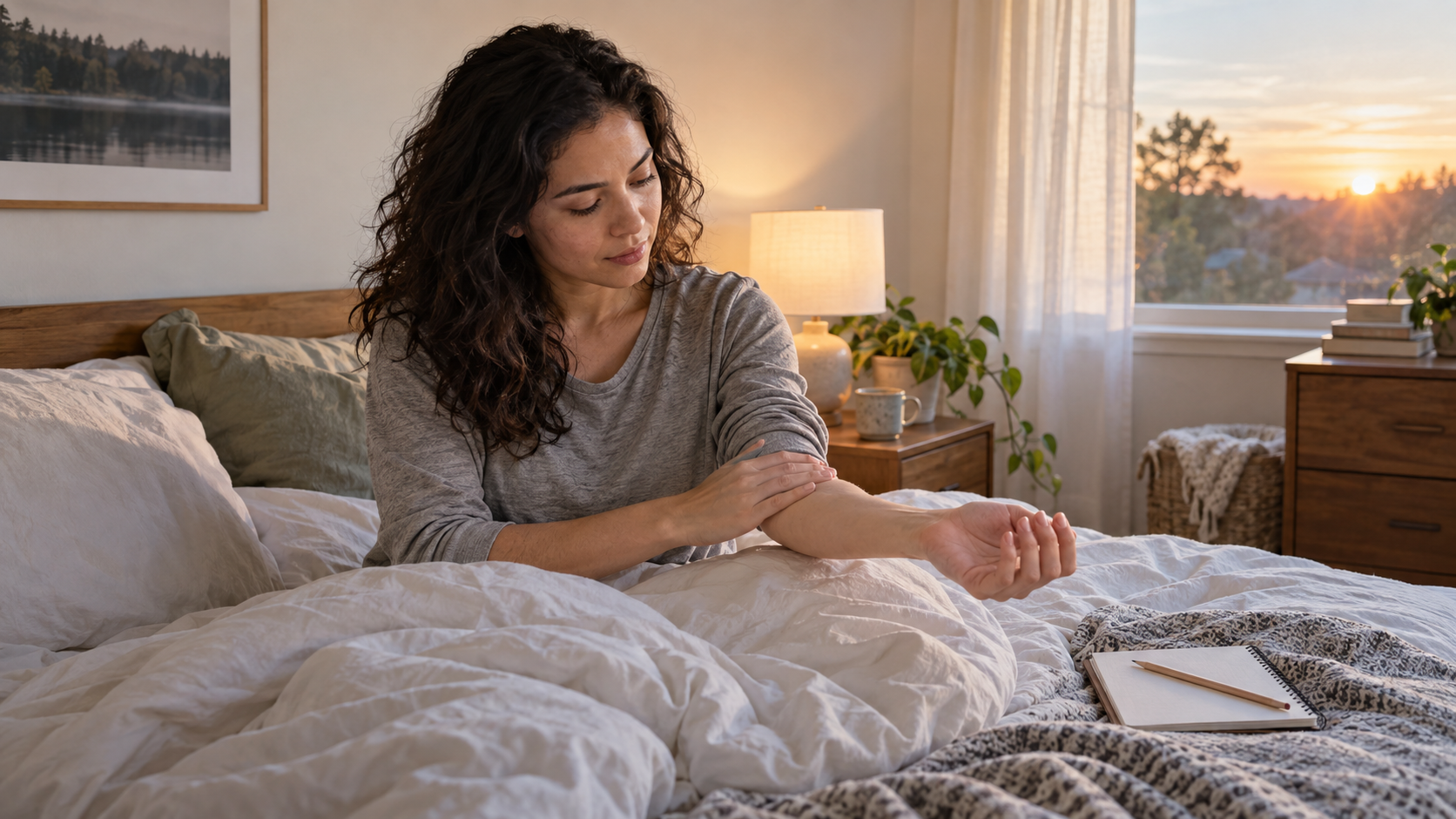 A person awake at dawn gently checking one forearm beside a blank bedside notepad