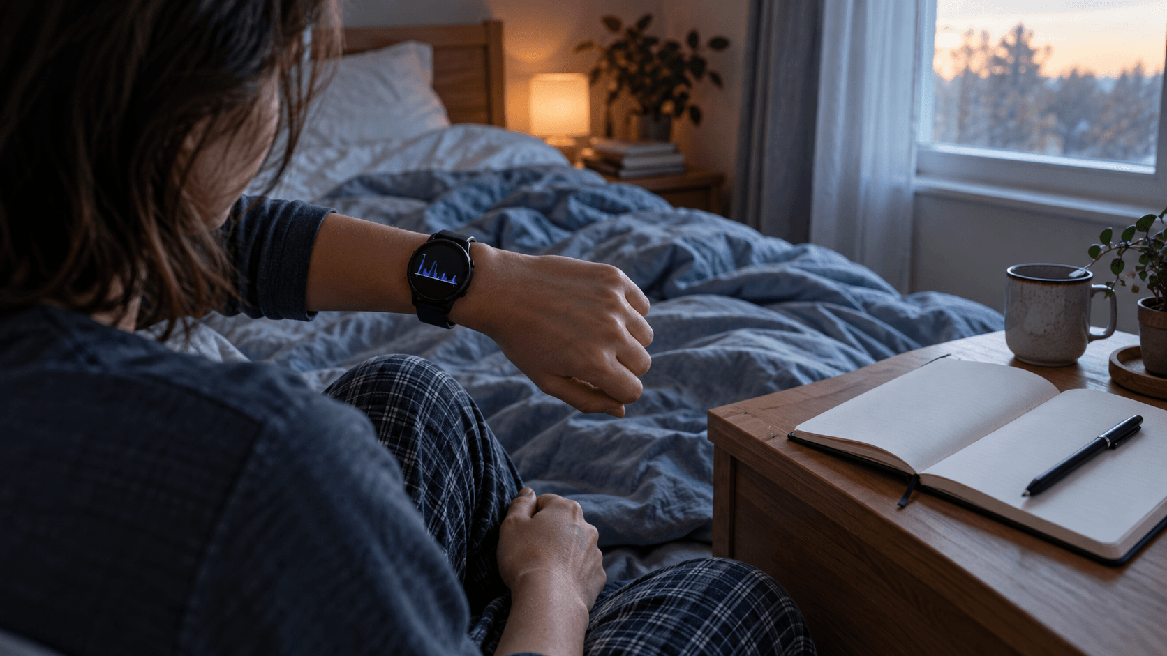 A person awake at dawn comparing a generic sleep tracker with a blank bedside dream notebook